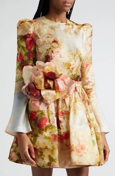 Shop Zimmermann Luminosity Garden Print Long Sleeve Silk Minidress In Rosy Garden Floral