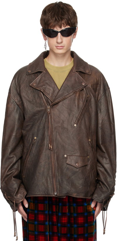 Shop Acne Studios Brown Laced Leather Jacket In Bod Brown/orange