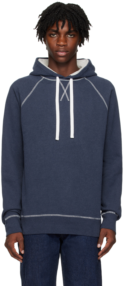 Shop Sunspel Blue Contrast Stitching Hoodie In Navy Melange5