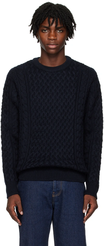 Shop Sunspel Navy Cable Knit Sweater