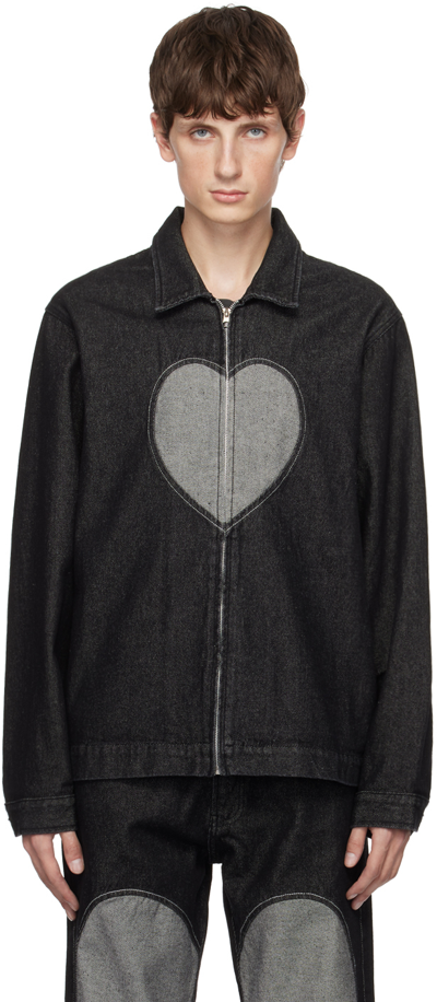 Shop Carne Bollente Black Heart Slice Denim Jacket In Washed Black