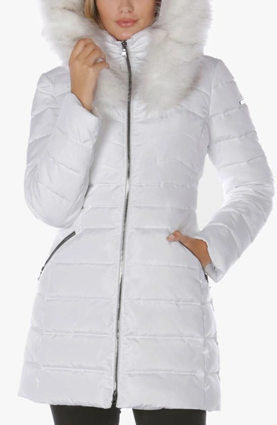 Shop Laundry By Shelli Segal Faux Fur Trim Hooded Puffer Jacket In Real White