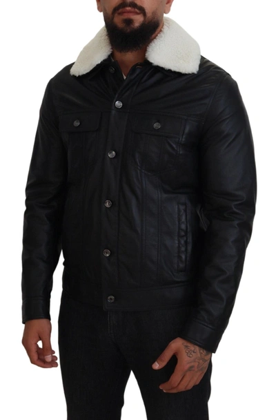 Shop Dolce & Gabbana Black Lamb Leather Collared Men Coat Men's Jacket