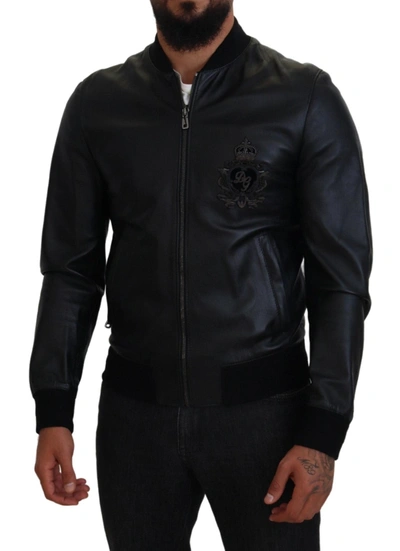 Shop Dolce & Gabbana Black Leather Dg Crown Men Bomber Men's Jacket