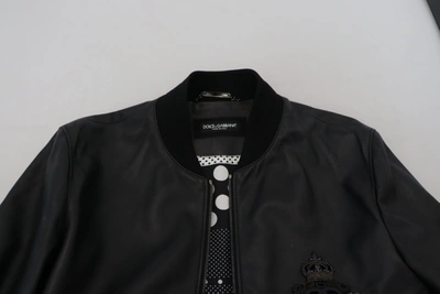 Shop Dolce & Gabbana Black Leather Dg Crown Men Bomber Men's Jacket