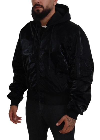 Shop Dolce & Gabbana Black Nylon Hooded Full Zip Bomber Men's Jacket