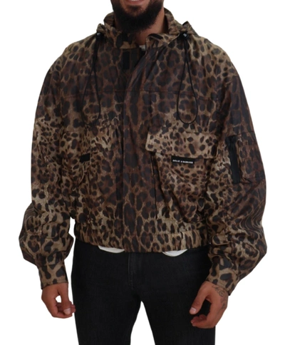 Shop Dolce & Gabbana Brown Leopard Print Men Hooded Men's Jacket