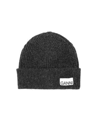 Shop Ganni Dark Grey Fitted Rib Knit Wool Beanie In Black