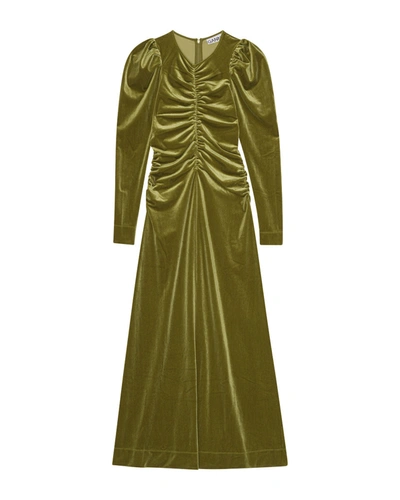 Shop Ganni Velvet Jersey Long Dress In Green