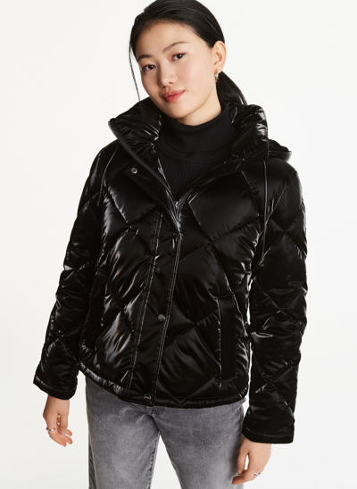 Shop Dkny Women's Diamond Quilted Short Puffer Jacket In Shiny Black