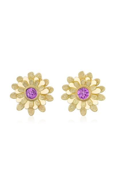Shop Future Fortune 18k Yellow Gold Dahlia Earrings With Pink Sapphires