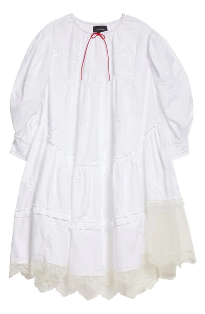Shop Simone Rocha Asymmetric Floral Embroidered Bow Detail Cotton Babydoll Midi Dress In White/ White
