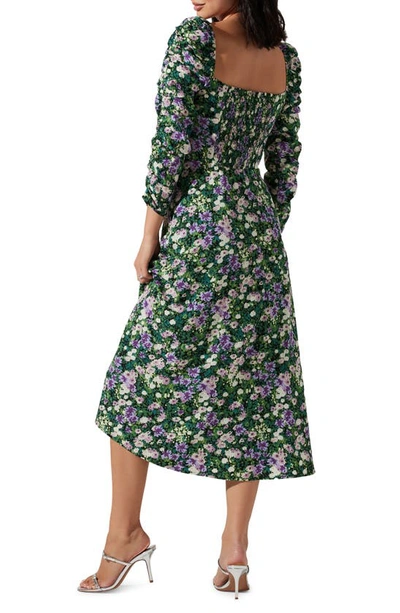 Shop Astr Floral Keyhole Long Sleeve Midi Dress In Green Purple Floral