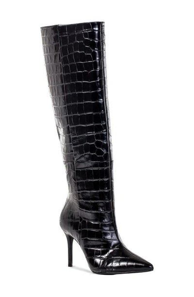 Shop Black Suede Studio Tory Croc Embossed Knee High Boot In Black Shiny Croc