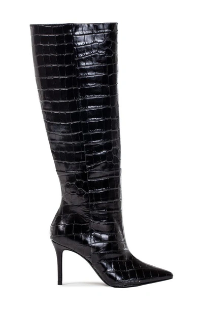 Shop Black Suede Studio Tory Croc Embossed Knee High Boot In Black Shiny Croc