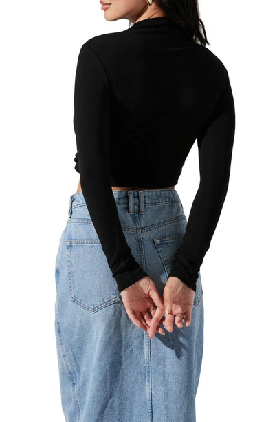 Astr Asymmetric Pleated Cutout Mock Neck Long Sleeve Top In Black