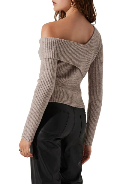 Shop Astr Asymmetric Foldover One-shoulder Rib Sweater In Taupe