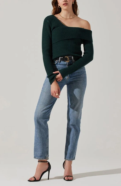 Shop Astr Asymmetric Foldover One-shoulder Rib Sweater In Deep Green