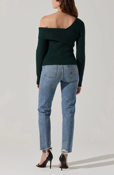Shop Astr Asymmetric Foldover One-shoulder Rib Sweater In Deep Green