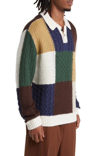 Shop Obey Oliver Patchwork Polo Sweater In Unbleached Multi