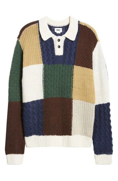 Shop Obey Oliver Patchwork Polo Sweater In Unbleached Multi