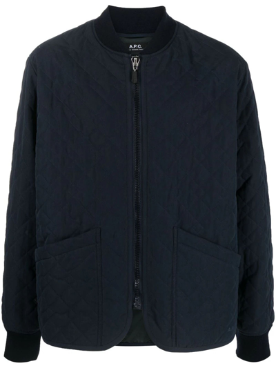 Shop Apc Navy Blue Quilted Bomber Jacket