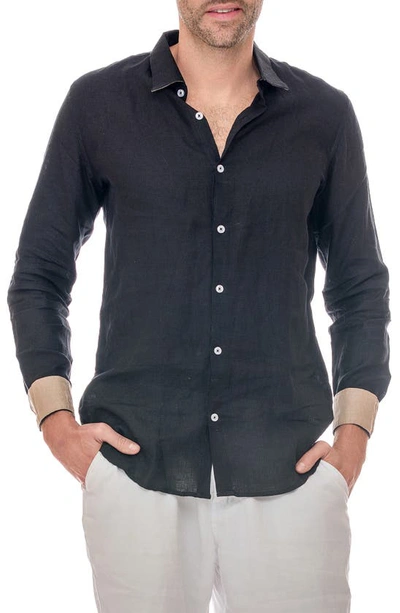 Shop Ranee's Ranees Linen Button-up Shirt In Black