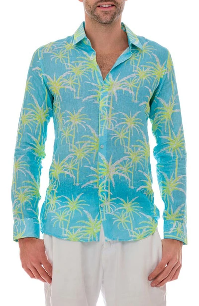 Shop Ranee's Ranees Palm Linen Button-up Shirt In Blue