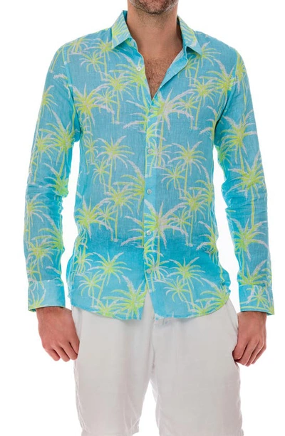 Shop Ranee's Ranees Palm Linen Button-up Shirt In Blue