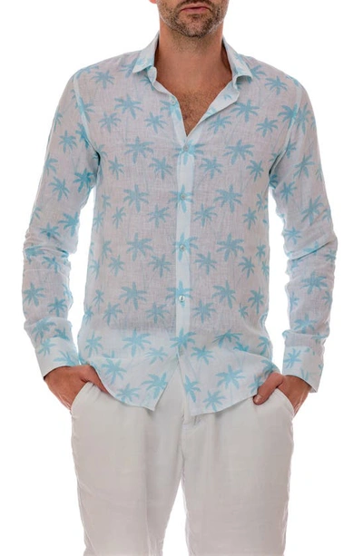 Shop Ranee's Ranees Cross Palm Linen Button-up Shirt In White Blue