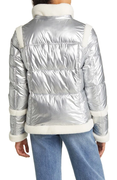 Shop Sam Edelman Metallic Fleece Trim Hooded Puff Coat In Silver