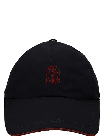Shop Brunello Cucinelli Logo Embroidery Cap Hats Blue