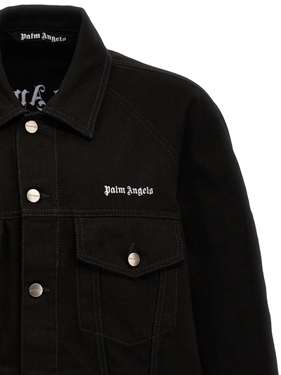 Shop Palm Angels Logo Embroidery Denim Jacket Coats, Trench Coats Black