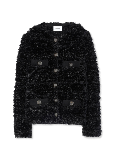 Shop St John Shiny Faux Fur Eyelash Knit Cardigan In Black