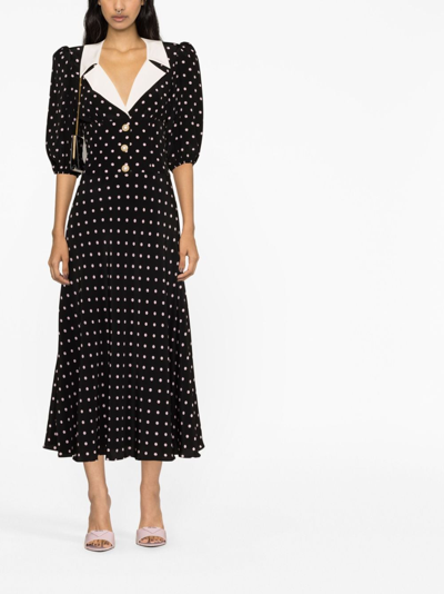 Shop Alessandra Rich Polka Dot Silk Midi Dress In Black