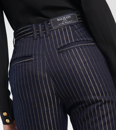 Shop Balmain Flared Lurex Pinstripe Jeans In Blue