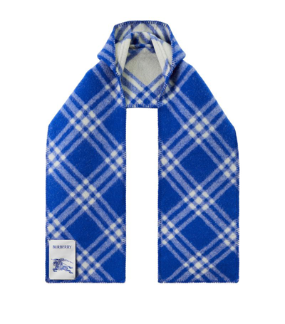 Shop Burberry Wool Check Hooded Scarf In Blue