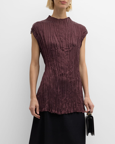Shop Eileen Fisher Crinkled Mock-neck Cap-sleeve Tunic In Cassis