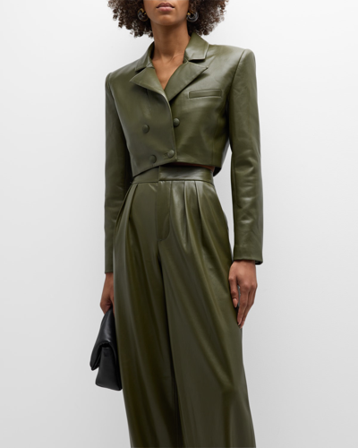 Shop Alice And Olivia Anthony Cropped Vegan Leather Blazer In Olive