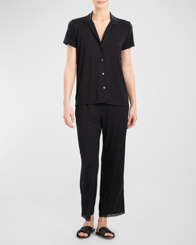 Natori Feathers Essentials Lace-trim Jersey Pajama Set In Blk