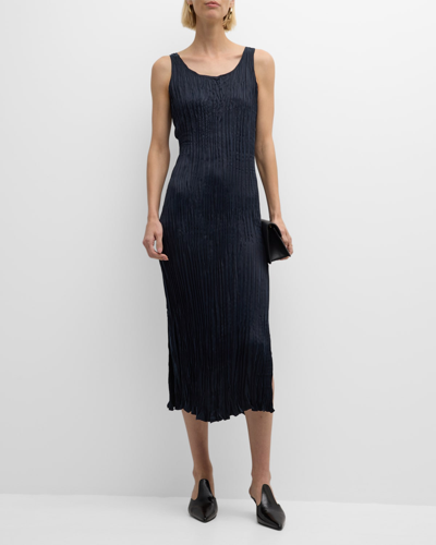 Shop Eileen Fisher Missy Crushed Cupro Sleeveless Scoop-neck Midi Dress In Black