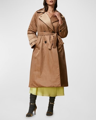 Shop Marina Rinaldi Plus Size Pepita Double-breasted Satin Coat In Camel