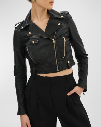 Shop Lamarque Ciara Leather Crop Biker Jacket In Black