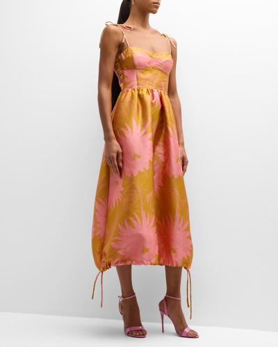 Shop Cynthia Rowley Sleeveless Smocked Floral Jacquard Midi Dress In Sorbet