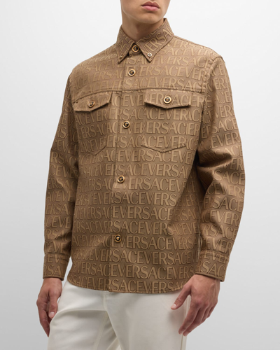 Shop Versace Men's Long-sleeve Tech Canvas Allover Logo Shirt In Brownbeige