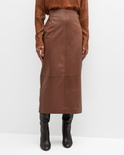 Shop Lafayette 148 Paneled Leather Midi Pencil Skirt In Russet