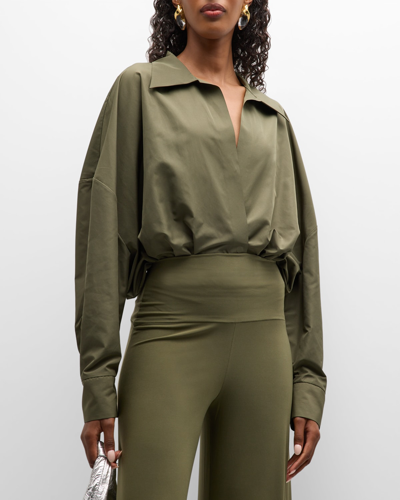 Shop Norma Kamali Oversized Boyfriend Shirt Plunge Bodysuit In Military