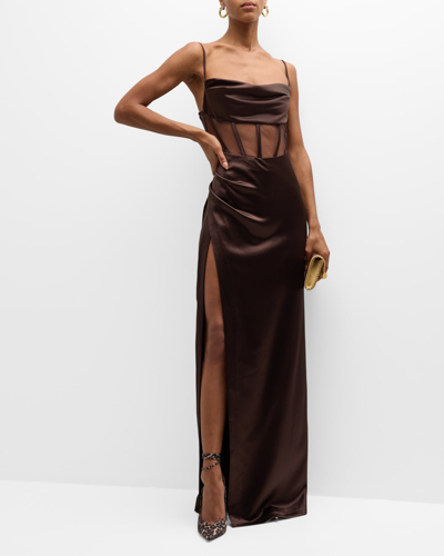 Shop Retroféte Rosa Satin Corset Long Slit Dress In Dark Chocolate