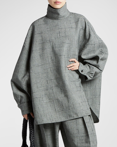 Shop Bottega Veneta Turtleneck 3d Crisscross Plaid Jacquard Oversized Shirt In Grey