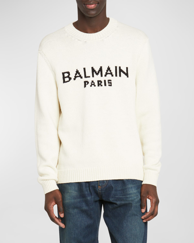 Shop Balmain Men's Intarsia Logo Sweater In Natural/black